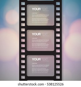 Film strip design with your text and beautiful bokeh lights background 
Eps 10 vector illustration 