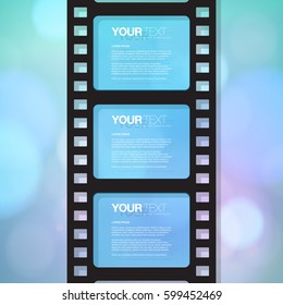 Film strip design with your text and beautiful bokeh lights background 
Eps 10 vector illustration