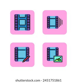 Film strip editing line icon set. Video editing, several video clips, inserting picture, cover, inscription, text. Video editing program concept. Vector illustration for web design and apps