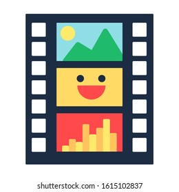 Film strip flat vector icon. Movie production industry. Camera roll. Video edit, record app