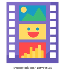 Film strip flat vector icon. Movie production industry. Camera roll. Video edit, record app