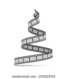 Film strip in the form of a Christmas tree. Film reel. Happy New Year for photographers, videographers, film production, etc. Vector 3d illustration on white background