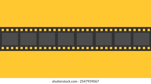 Banner do quadro da tira de filme. Festival de Cinema e Cinema. Anúncio, folheto, placa, modelo de convite. Fita de forma de linha. Elemento de design. Design plano. Fundo amarelo. Isolado. Ilustração vetorial