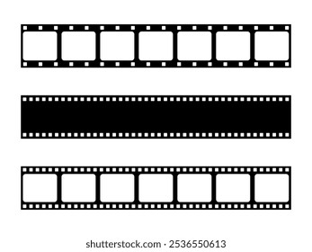 Film strip frame illustration isolated on white background. Photo film tape reel icon set. Negative retro 35mm filmstrip. Vintage movie slide frame concept. Motion picture tape pictogram.