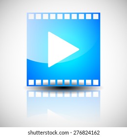 Film strip, film frame with play button. Multimedia, cinematography, motion graphics concept.