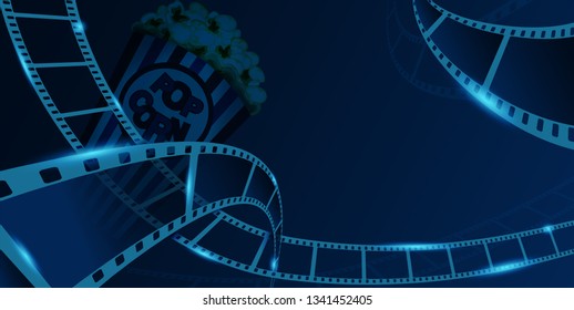 Film strip frame with pop corn box isolated on blue background. Closeup view for design layout cinema festival banner. Template cinema with space for your text. Vector 3d isometric style.Vector EPS 10