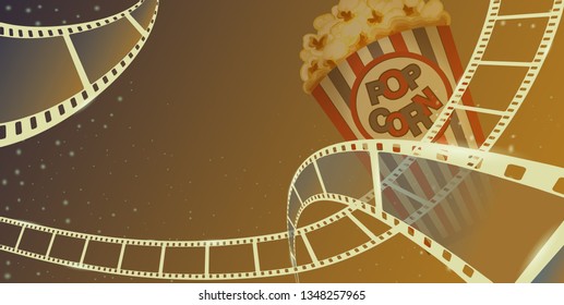 Film strip frame with pop corn box isolated on brown background. Closeup view for design layout cinema festival banner. Template cinema with space for your text.   EPS 10