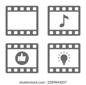 film strip frame with thumb up, music notes and lightbulb icon set