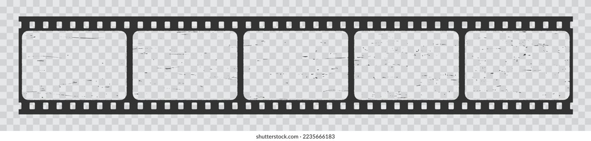 Film strip frames, old cinema filmstrip long reel or vintage grunge negative, vector background with borders. Video camera transparent film strip, photo tape or movie and motion picture filmstrip