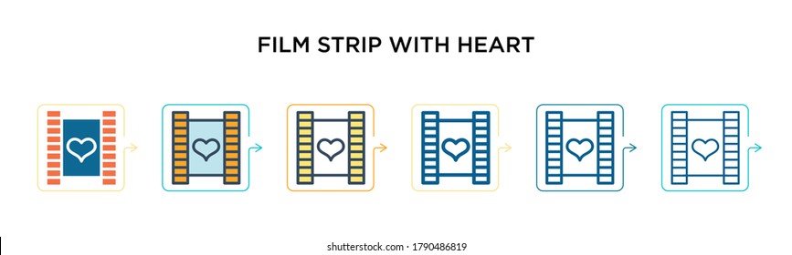 Film strip with heart vector icon in 6 different modern styles. Black, two colored film strip with heart icons designed in filled, outline, line and stroke style. Vector illustration can be used for 
