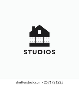 Film strip with house, home movie studio logo design concept. Vector illustration template