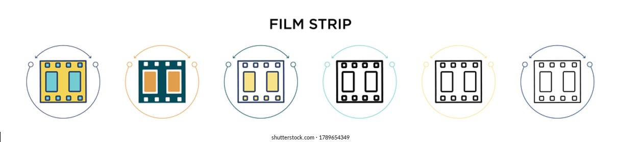 Film strip icon in filled, thin line, outline and stroke style. Vector illustration of two colored and black film strip vector icons designs can be used for mobile, ui, web