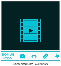 Film strip icon flat. Blue pictogram on dark background. Vector illustration symbol and bonus icons