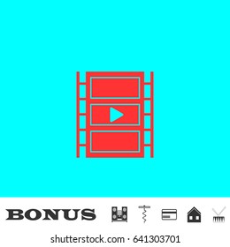 Film strip icon flat. Red pictogram on blue background. Vector illustration symbol and bonus buttons Music center, corkscrew, credit card, house, drum