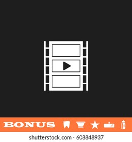 Film strip icon flat. White pictogram on black background. Vector illustration symbol and bonus button tooth, vase, star, mirror, bottle