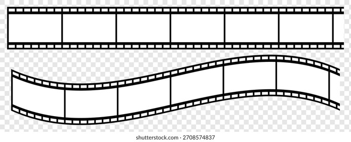 Icono de tira de película en contorno y Vector de estilo sólido. icono de tira de película utilizado para Elementos de videografía, carrete de cine. Tira de película con marcos, fotos y videos para cámara. Plantilla de tira de película. 