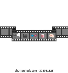 Film strip icon set. Popcorn, clapper board, 3D glasses, ticket, projector. Cinema movie night.  White background Isolated. Flat design style. Vector illustration
