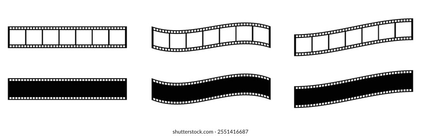 conjunto de ícones de tira de filme usado para elementos de videografia, rolo de cinema. Filmstrip com molduras, foto e vídeos para câmera. Fitas de filme velho branco e preto de 35mm. Faixa de filme realista sobre fundo branco.