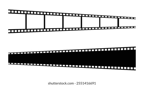 conjunto de ícones de tira de filme usado para elementos de videografia, rolo de cinema. Filmstrip com molduras, foto e vídeos para câmera. Fitas de filme velho branco e preto de 35mm. Faixa de filme realista sobre fundo branco.