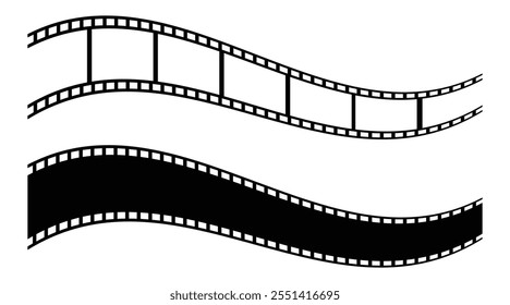 conjunto de ícones de tira de filme usado para elementos de videografia, rolo de cinema. Filmstrip com molduras, foto e vídeos para câmera. Fitas de filme velho branco e preto de 35mm. Faixa de filme realista sobre fundo branco.