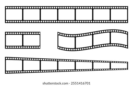 film strip icon set used for videography elements, cinema reel. Filmstrip with frames, photo and videos for camera. Old white and black film tapes of 35mm. Realistic film strip on white background.