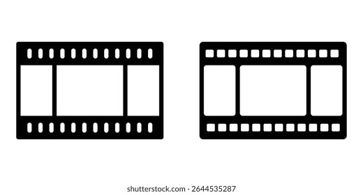 ícone de tira de filme usado para elementos de videografia, rolo de cinema. Filmstrip com molduras, foto e vídeos para câmera. Fitas de filme velho branco e preto de 35mm.