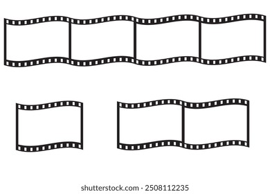 Film strip icon. Wavy film frames. Black and white movie reel. Vector film element.