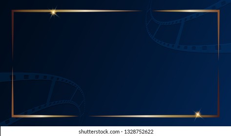 Film strip isolated on dark blue background with gold frame. Design template cinema festival banner, brochure, flyer, poster, tickets, leaflet. Vector illustration in 3d isometric style. Vector EPS 10