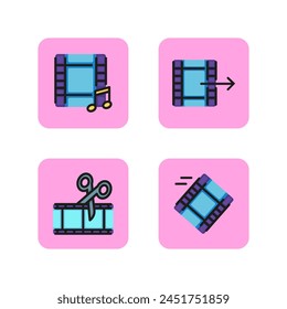 Film strip line icon set. Video editing, cutting clips, sharing, sending video in program, inserting music, audio track. Film video editing concept. Vector illustration for web design and apps