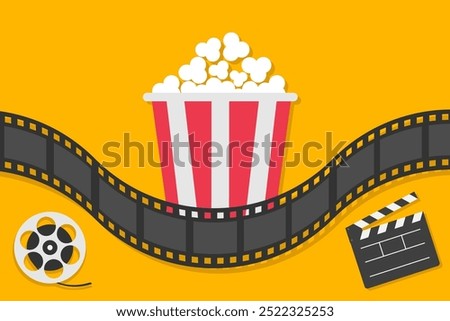 Film strip line. Open clapper board. Popcorn box icon set. Movie reel. Cinema festival. Movie night. Flyer, poster, banner, presentation template. Flat design. Yellow background. Vector illustration