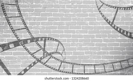 Film strip on grey brick wall. Background in cinematic style on brick wall. Old cinema abstract background. Cinema Movie Time Concept . Graffiti film reel in 3d isometric style.EPS Vector illustration