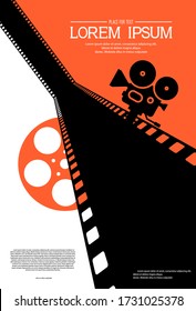 Film strip on the way with silhouette of cinema projector on a tripod and film roll. Cinema background. Retro movie festival template for banner, flyer, poster with place for text. Movie time concept.