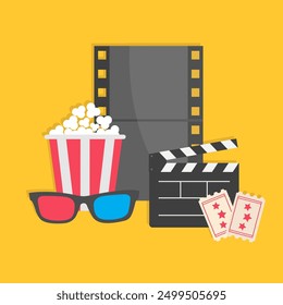 Film strip Open clapper board Popcorn box package Ticket Admit one. Three star. 3d glasses. Movie Cinema icon sign symbol set. Banner Invitation template. Yellow background. Flat design. Vector