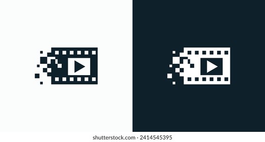 Diseño de logotipo vectorial de píxel de tiras de película con botón de reproducción.