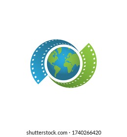 Film strip and planet earth sign. Ecology festival abstract vector icon.