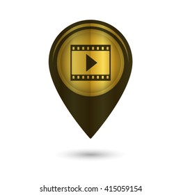 film strip with play - black vector icon;  golden map pointer