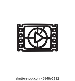 Film strip with play button vector sketch icon isolated on background. Hand drawn Film strip with play button icon. Film strip with play button sketch icon for infographic, website or app.