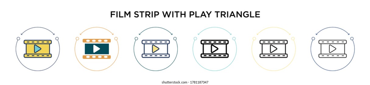 Film strip with play triangle icon in filled, thin line, outline and stroke style. Vector illustration of two colored and black film strip with play triangle vector icons designs can be used for 