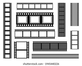 Film strip. Realistic cinema tape. Blank bands for recording video or shooting photographs and showing presentation slides. Various types set of seamless celluloid. Vector movie reel