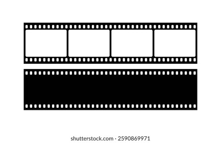 Film strip reel icon. Cinema or movie roll with frames. Blank negative film. Retro black and white film tape of 35mm. Video tape, photo film strip frame on isolated white background. Vector