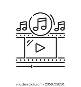 Filmstreifen, Retro-Video-Band mit Musik auf Schild und Spielzeichen. Vektorkamerapositiv, Filmstreifen, Film- oder Fotoband, Videozeichen