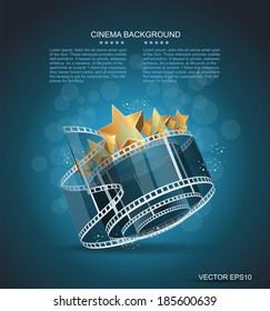 Film strip roll with gold star. Vector cinema background. 