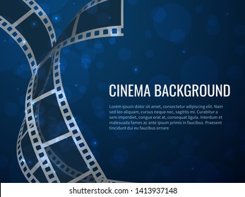 Film strip roll poster. Movie production with realistic blank negative film frames and text. Vector cinema filmstrip background