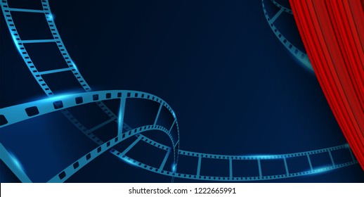 Film strip roll vector cinema background behind Red Curtain. Creative vector illustration of old film strip frame. Art design reel cinema filmstrip template. Movie time and entertainment concept. 