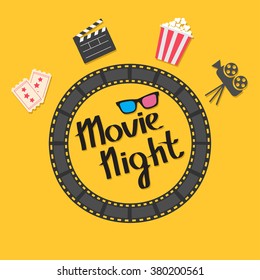 Film strip round circle frame. 3D glasses, popcorn, clapper board, ticket, projector icon set. Movie night text. Lettering. Yellow background. Flat design. Vector illustration