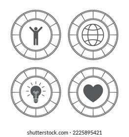 film strip round frame with person hands up, earth, lightbulb and heart shape icon set
