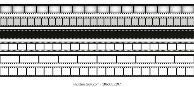 Film strip set. Blank stripes cinema on transparent background. Vector templates.