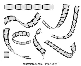 Film strip set. Cinema strip roll 35mm blank slide frame, photo video monochrome picture negative vintage media filmstrip, vector movie design