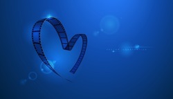 Film Strip In The Shape Of A Heart On A Blue Background With A Lens Effect. Vector Illustration