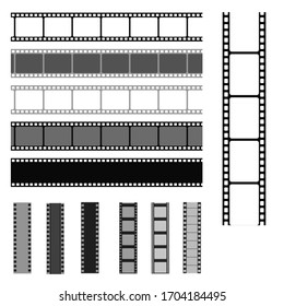 Film Strip Templates. Cinema Monochrome Border Celluloid Tape, Media Empty Image Photo Video Vintage Frame Movie Reel Vector Set